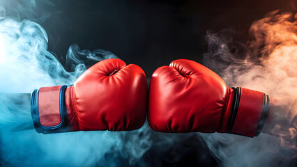 Two red boxing gloves face off surrounded by ethereal smoke in a display of strength and readiness.