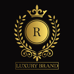 Gold Emblem with Crown and Laurel Wreath on R Logo Black Background