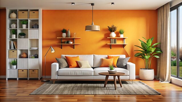 Modern cozy living room with white boucle sofa, orange wall and eclectic decor in bold colors