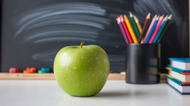 Green apple on desk with books pencils and chalkboard background in school setting

