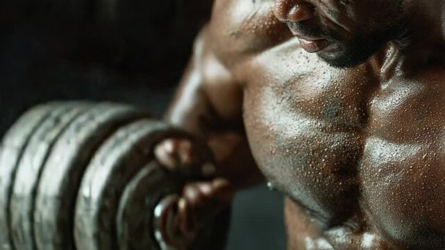 Intense Bodybuilding: Close-up of Muscular Man Lifting Heavy Dumbbells with determination