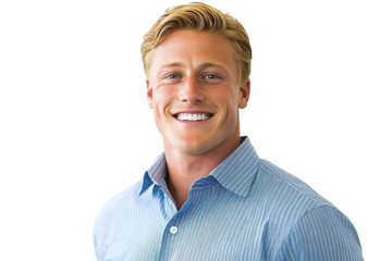 Smiling young man with blonde hair wearing a light blue button-up shirt against a white background showcasing a friendly and approachable demeanor