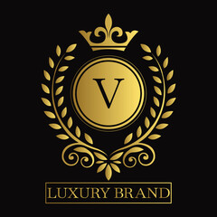 Gold Emblem with Crown and Laurel Wreath on V Logo Black Background