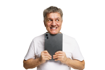 Happy older man playfully posing with a tablet in a bright, cheerful manner against a transparent background