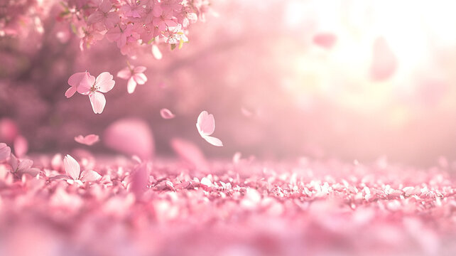 Serene Cherry Blossom Petals: An ethereal close-up of delicate cherry blossom petals gently falling and carpeting the ground, creating a scene of tranquility and the essence of spring.