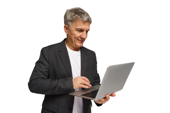 Businessman engaging with laptop and smiling in a modern workspace during a productive session transparent background