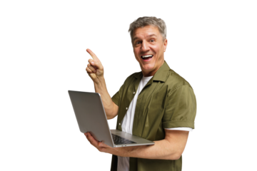 Excited man with laptop gestures joyfully while discovering something new indoors during a bright, transparent background