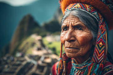 Portrait of a Peruvian Woman in Machu Picchu: A close-up portrait of a senior indigenous woman wearing traditional headdress with the ancient city of Machu Picchu subtly blurred in the background.
