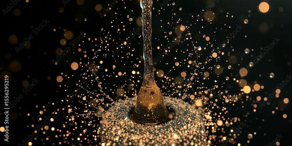 Poster pouring liquid creating splash and bokeh effect against a dark background with gold particles