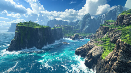Coastal Paradise: Witness a vibrant coastal landscape, where emerald cliffs embrace a turquoise ocean under a canvas of fluffy clouds, all captured in stunning detail and showcasing nature's grandeur.