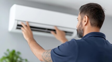 Fototapeta premium Male technician in uniform servicing a wall-mounted air conditioning unit indoors. Focus on professionalism, maintenance, and seasonal preparation. Ideal for home repair, HVAC services or energy 