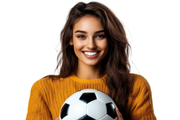 Smiling young woman with long hair in orange sweater holds soccer ball and expresses joy in a vibrant and energetic setting for sports photography