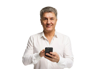 Smiling man interacting with smartphone in a bright and minimalistic setting, showcasing modern...