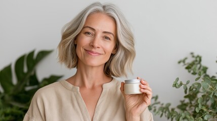 A confident, smiling silver-haired woman in a beige top holds a small cosmetic cream jar. The clean, natural background with green foliage enhances the wellness and beauty theme, promoting