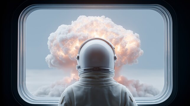 A cinematic back view of an astronaut watching a massive mushroom cloud explosion through a space station window. The scene is filled with tension and awe, contrasting the still observer