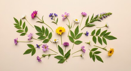 Vibrant Wildflower and Greenery Flat Lay Composition