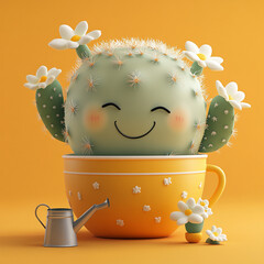 Smiling Cactus in Yellow Cup: A charming cactus with a smiling face and delicate flower, snuggly nestled in a bright yellow cup next to a miniature watering can.