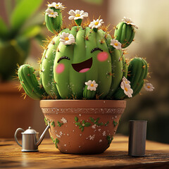 Blooming Cactus Bliss: A charming cartoon cactus with a cheerful face and blossoming flowers in a decorative pot, a testament to the beauty found in the everyday.