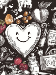 Health And Happiness Illustration: A delightful monochrome illustration celebrating health and happiness.