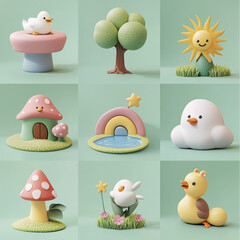 Whimsical Garden of Delights: A vibrant collection of playful, 3D-rendered illustrations, showcasing a cheerful assortment of charming characters and natural elements in a bright.