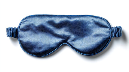 A close up shot of a blue satin sleep mask with elastic straps on a white surface in a studio shot