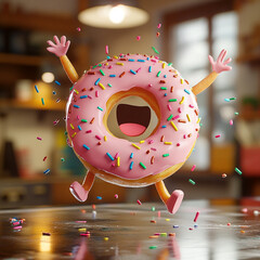 Enthusiastic Donut: A lively donut character, complete with a sugary pink glaze and rainbow sprinkles, leaps in joy, arms outstretched and a big, happy smile