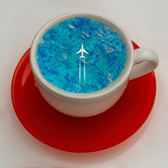 Take a travel like a cup of coffee! Travel concept of flying air plane above blue turquoise summer...