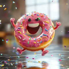 Joyful Sprinkled Donut: A lively, charming donut with a pink frosted glaze and colorful sprinkles comes to life, with an ecstatic expression and animated features.