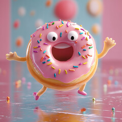 Donut's Joyful Adventure: A delightful donut, adorned with colorful sprinkles and a cheerful smile, leaps into action. Capturing the playful essence and sweet allure of this delectable treat.
