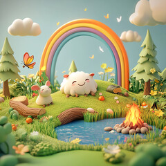 Whimsical Wonderland: A vibrant, cheerful scene of a smiling sheep and cute bunny, nestled in a delightful cartoon landscape with a rainbow and a pond, painted with vivid colors and whimsical charm.