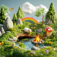 Enchanting Miniature World: A whimsical miniature landscape teems with life, showcasing a vibrant rainbow arching over rolling hills, a stream, a campfire, mushroom, trees, fluffy clouds.