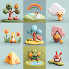 Whimsical Woodland: A delightful collection of handcrafted, child-friendly illustrations of whimsical elements, inviting viewers to experience the essence of a charming cartoon world.