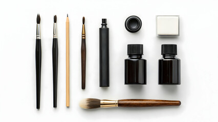 Flatlay of calligraphy tools on white background