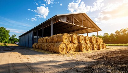 Wide shot of straw bales piled up in front of a metal storage shed, clear blue sky, rural environment, dusty ground