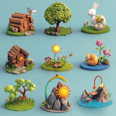 Miniature Nature Scenes: A collection of vibrant, miniature diorama-style scenes showcases idyllic natural settings, each brimming with detail and charm.