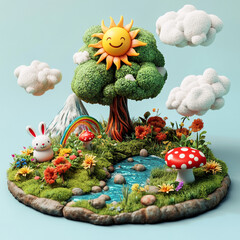 Whimsical Paradise: A vibrant scene unfolds, with a cartoon sun and flourishing plants, setting a playful tone with happy bunny. 