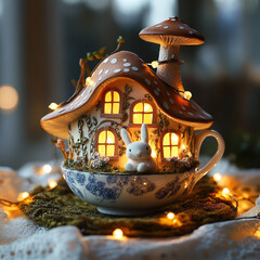 Enchanted Mushroom House: A whimsical mushroom house nestled in a teacup, illuminated by warm fairy lights, with a cute bunny rabbit peeking out.