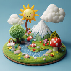 Whimsical Meadow: An enchanting scene of a smiling sun, fluffy clouds, playful mushroom and rabbit creates a charming 3D illustration.