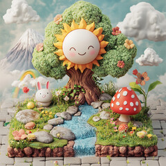 Enchanted Sunny Garden: A whimsical illustration of a sunny garden, complete with a smiling sun, blooming tree, playful rabbit, and a charming mushroom. capturing a sense of childhood joy, adventure.