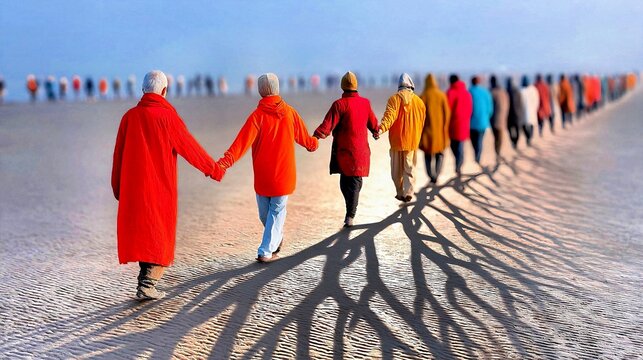 Group of People Holding Hands and Walking on the Beach at Sunset
