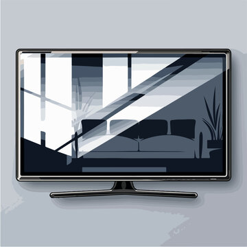 "Design a flat-style vector illustration of a modern flat-screen TV in a cartoon style. Use a sleek black frame with simple buttons and subtle reflections."

