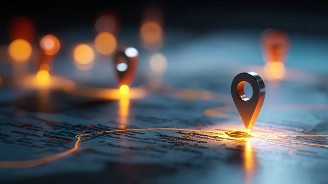 Close up of location pins on a map with glowing lines and blurred background with bokeh lights
