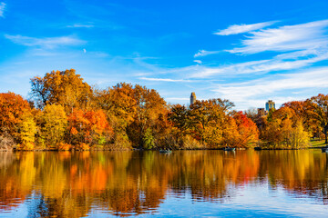 Central Park on sunny autumn day change colors. Autumn landscape. Fall nature. Rowboat on a small lake at the Central Park. Central Park Lake in autumn with people rowing boat. Rent a boat