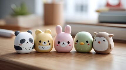 Obraz premium Assortment of adorable animal shaped erasers on a wooden desk