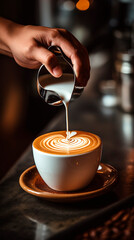 A barista pouring milk into a cup of coffee creating latte art with a heart design on top of the foam