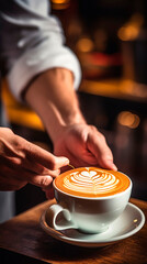 Barista presenting a latte with latte art in a white cup on a saucer on a wooden surface at a cafe