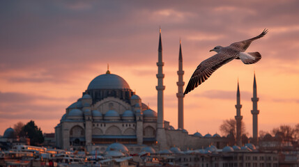 Obraz premium Turkey, Istanbul, Seagull flying over Yeni Cami mosque at dusk 