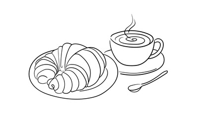Coffee with croissant, continious line drawing. Drink, pie, breakfast outline. Vector illustration