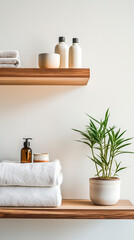 Shelves with towels bottles and a plant against a white wall in a bathroom setting and decor style