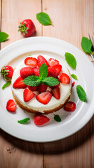 A delightful cheesecake adorned with fresh strawberries and vibrant mint leaves on a white plate atop wood
